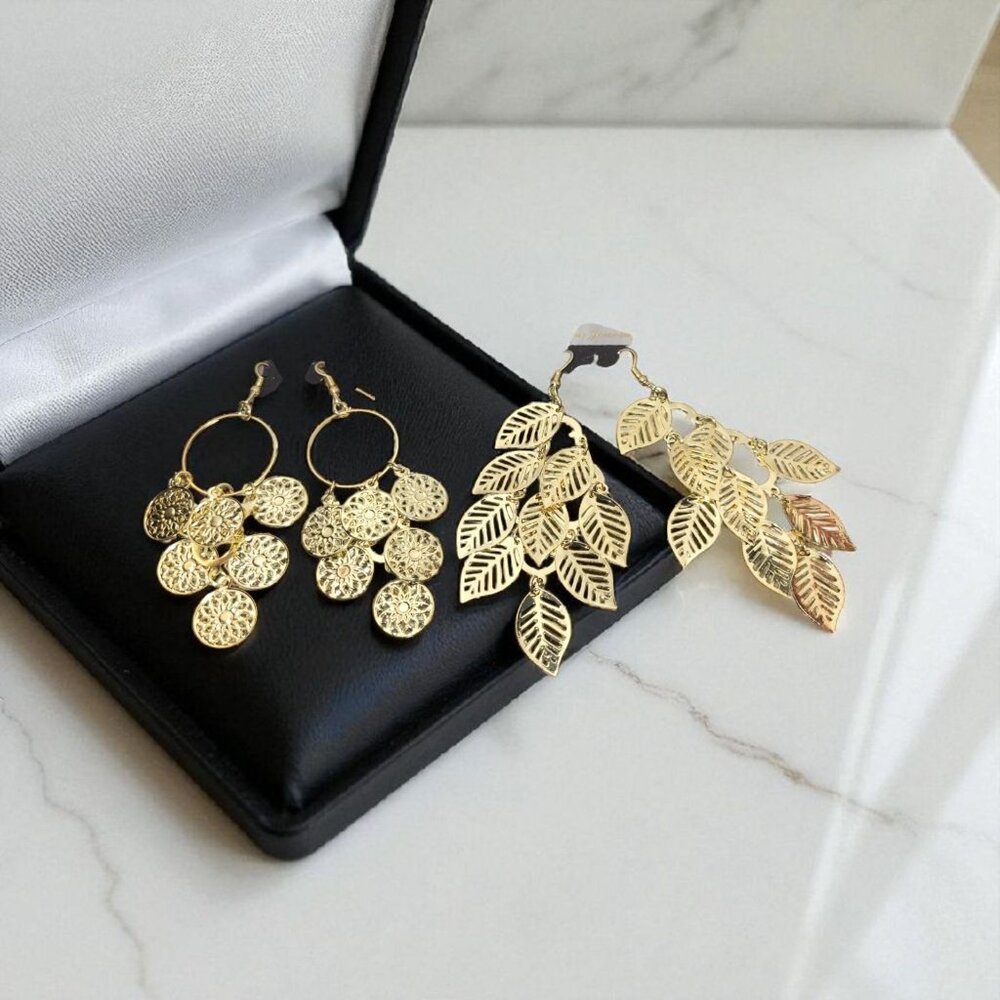 Dangle Earrings Vintage 3” Gold Tone Filigree Leaves Floral Light Y2K  - 2